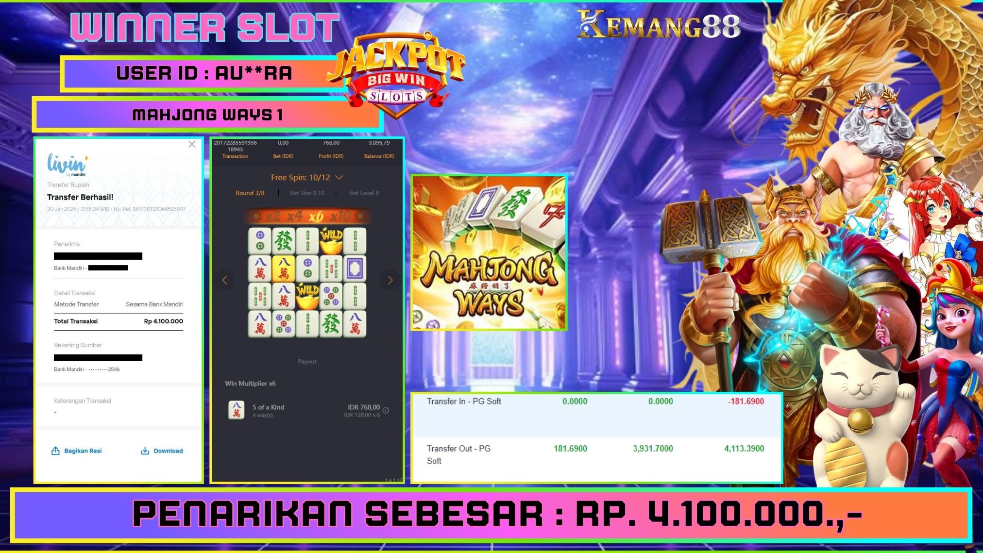 KEMANG88 [30 Januari 2026] : JACKPOT SLOT : MAHJONG WAYS 1 [PG] Rp. 4.100.000.,- LUNAS